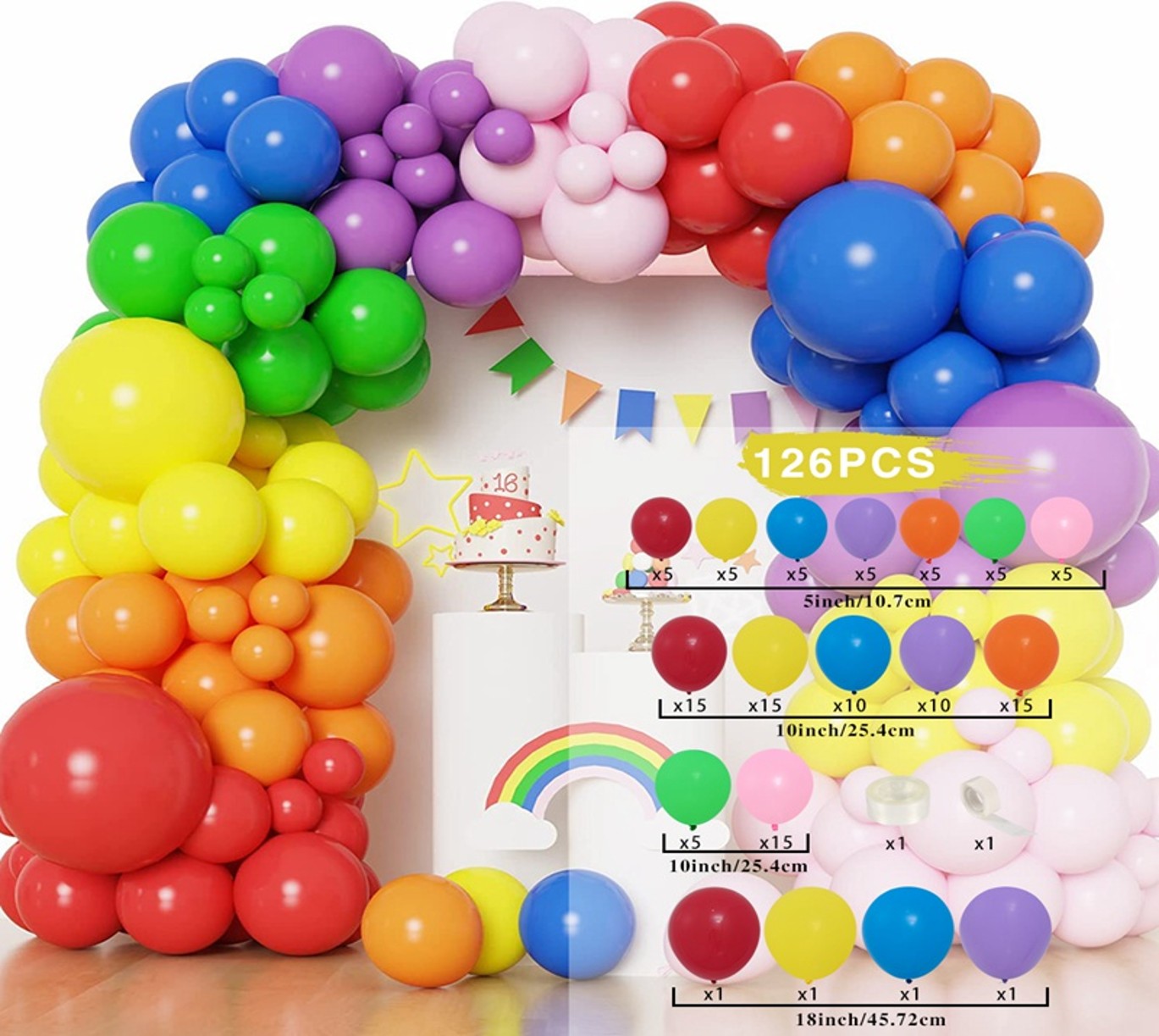 Balloon Set 126pcs - Rainbow colors - Image 3