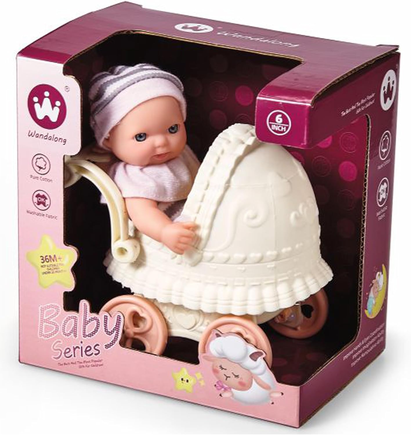 Baby Doll with Vintage Style Pram, Fashion Toy Set for Girls, 18 x 32.5 x 18 cm, White and Pink - Image 4