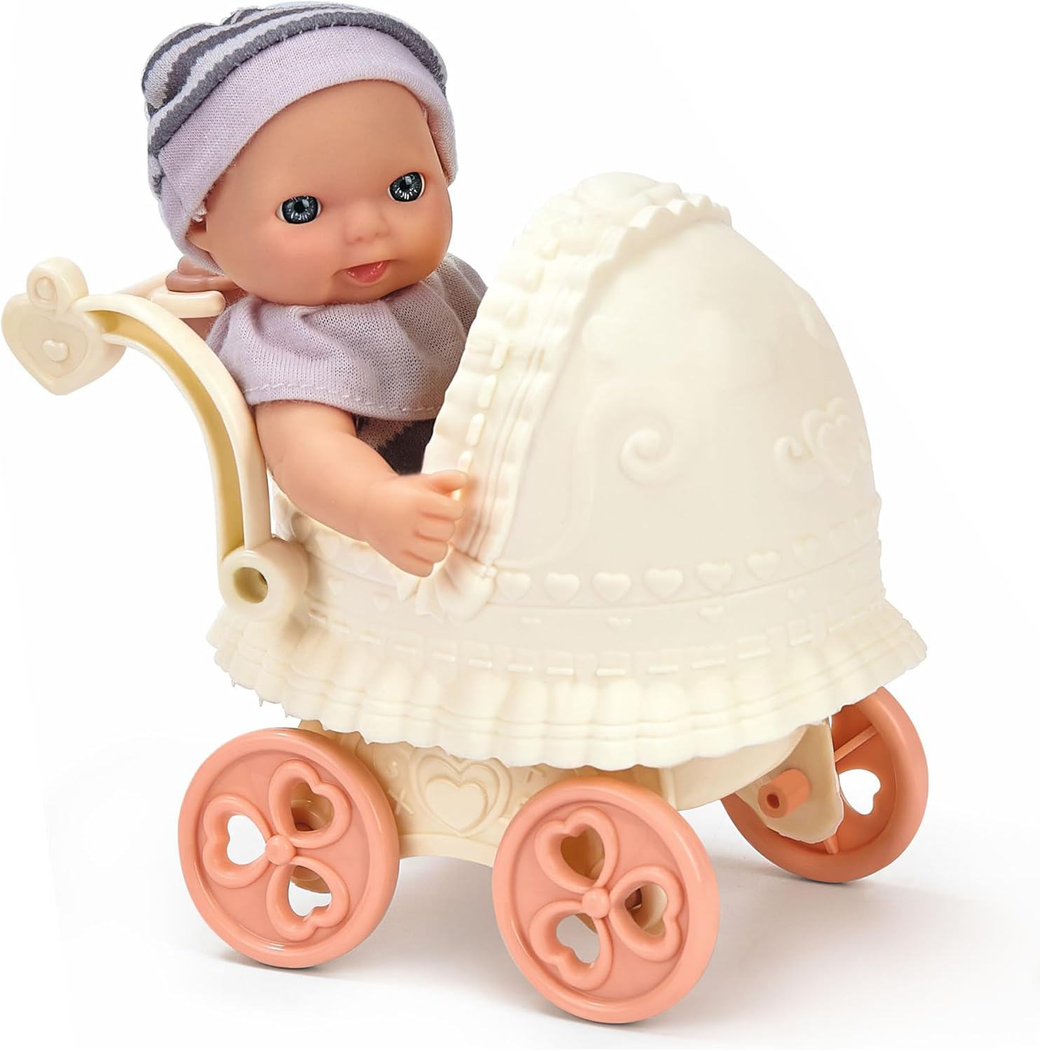 Baby Doll with Vintage Style Pram, Fashion Toy Set for Girls, 18 x 32.5 x 18 cm, White and Pink - Image 3