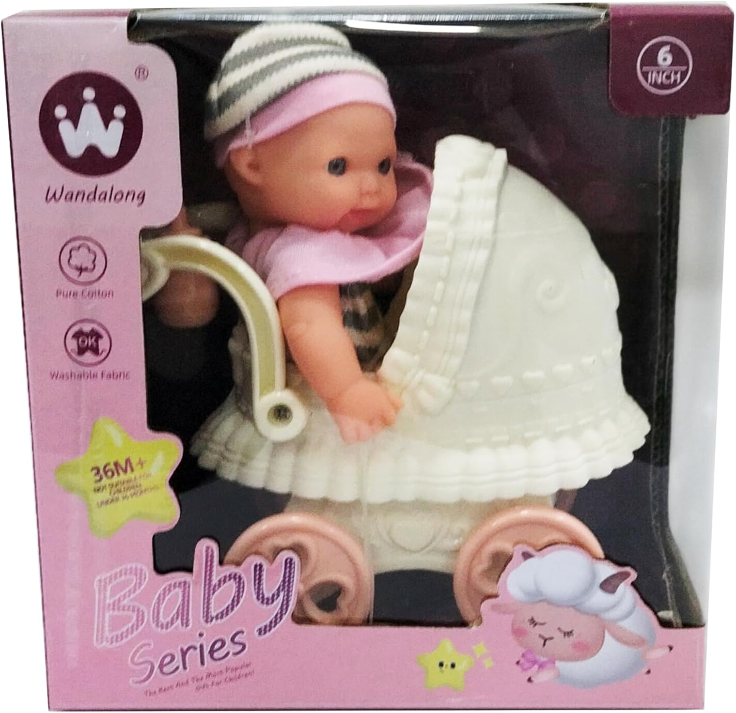 Baby Doll with Vintage Style Pram, Fashion Toy Set for Girls, 18 x 32.5 x 18 cm, White and Pink - Image 2