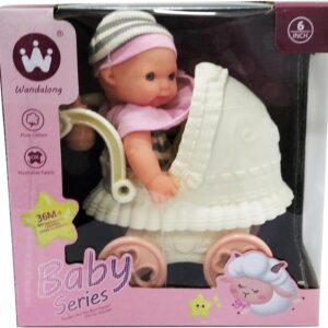 Baby Doll with Vintage Style Pram, Fashion Toy Set for Girls, 18 x 32.5 x 18 cm, White and Pink
