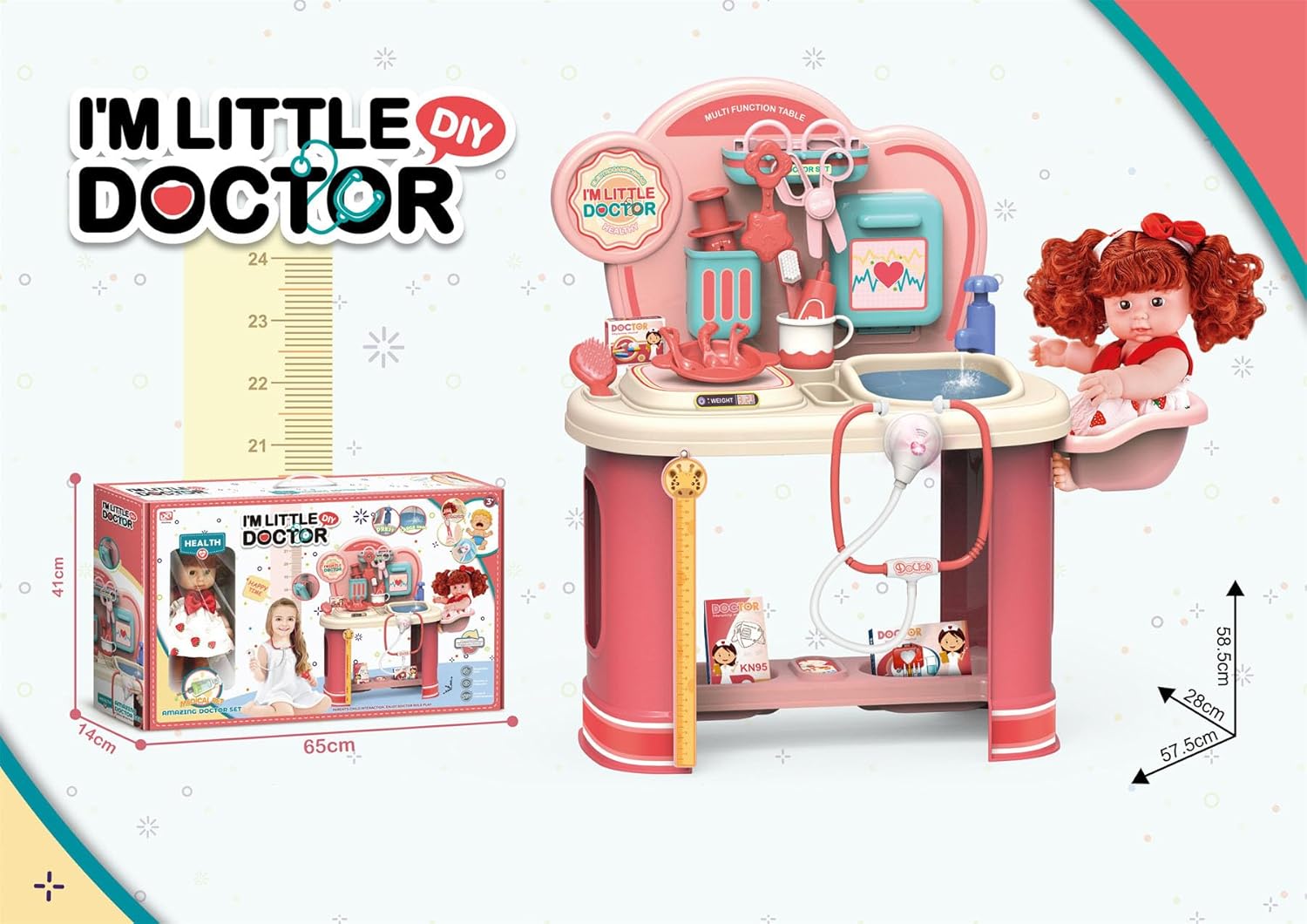 Kids Doctor Play Set, Medical Role Play Table, 62.5 cm, Pink and Blue, Ages 3+ - Image 3